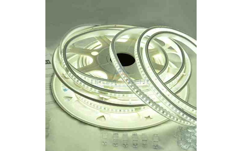 10-54 Светодиодная лента, 220В, 6Вт/м, smd2835, 60д/м, IP44, 600Лм/м, белый шнур ПВХ с прозрачным рассеивателем 11х7мм, 15м, 6000К, холодный белый